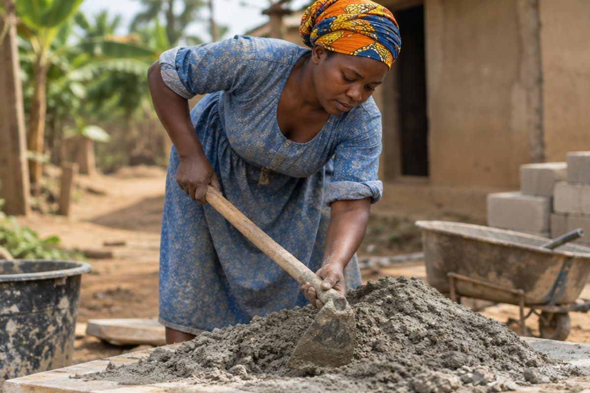 Mixing cement with her own hands