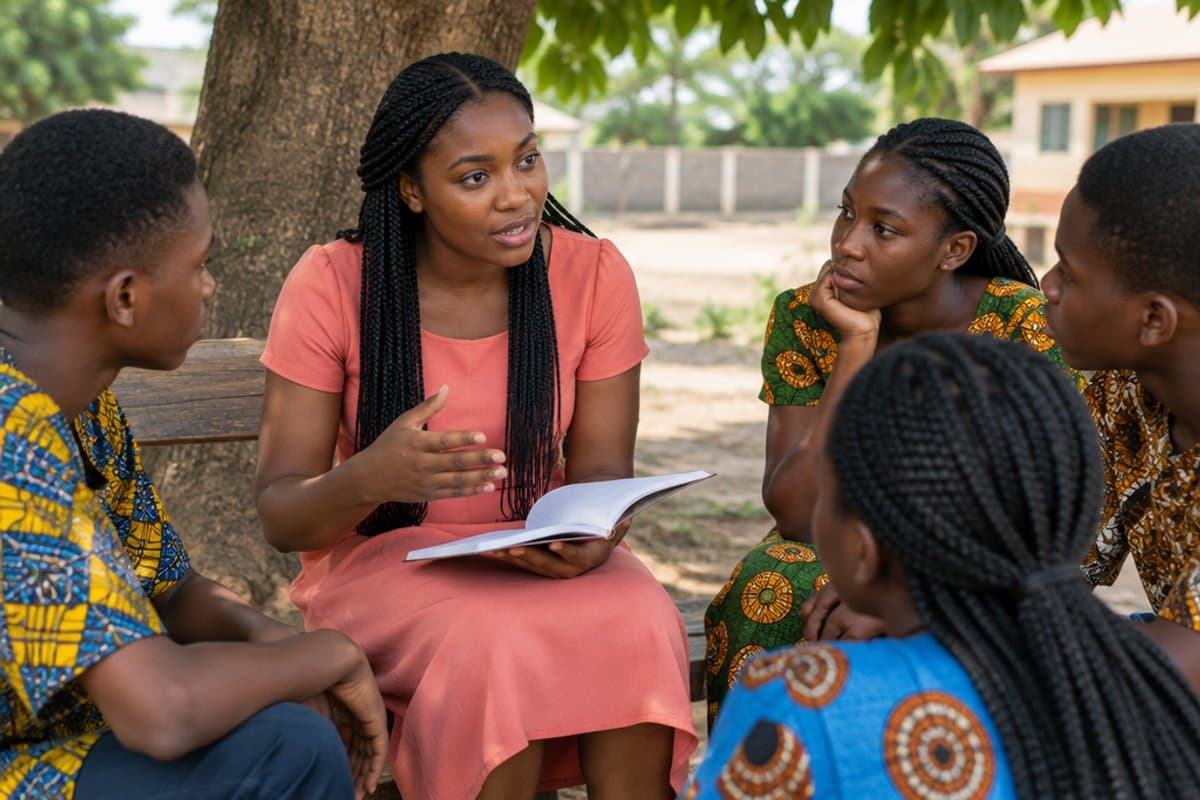 Exam tips shared under a shade tree