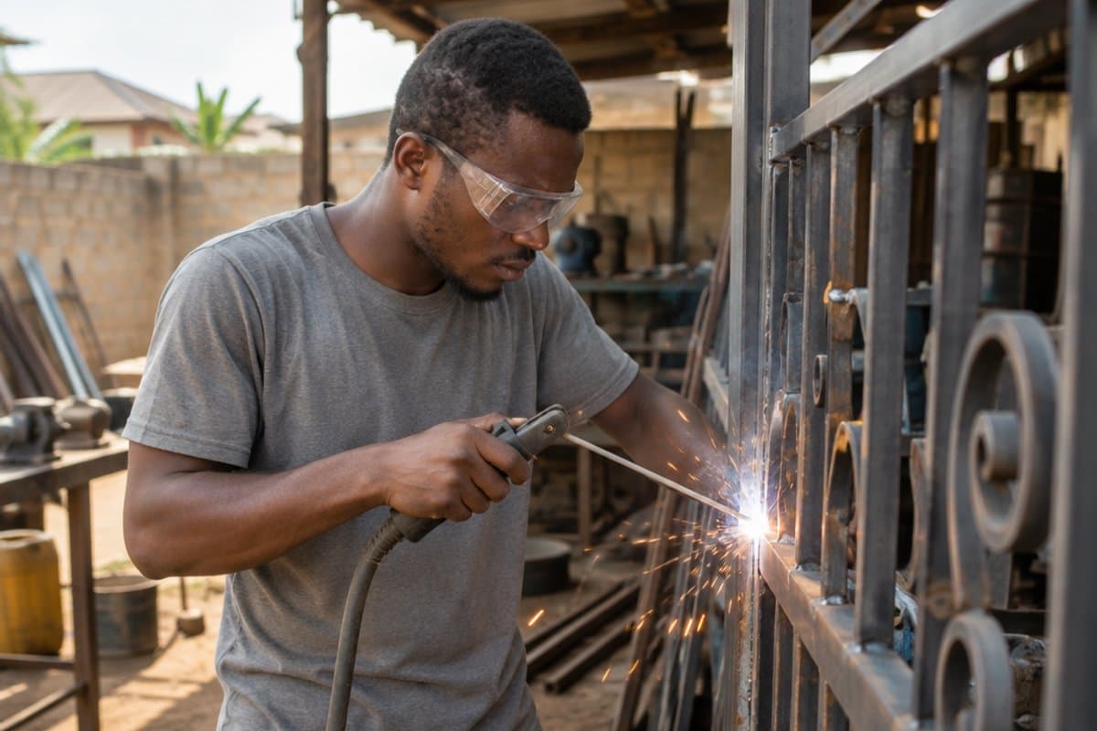 Welding gates at his own workshop