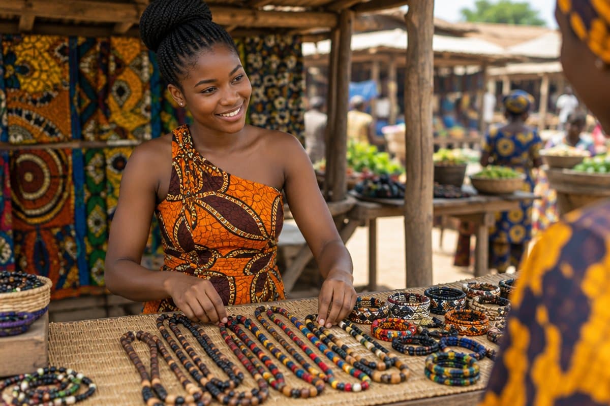 Selling handmade jewelry at her own stall