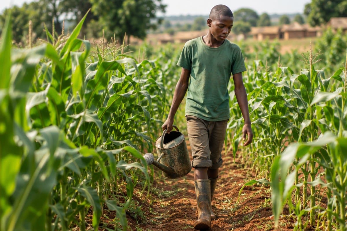 Tending his family's small maize plot
