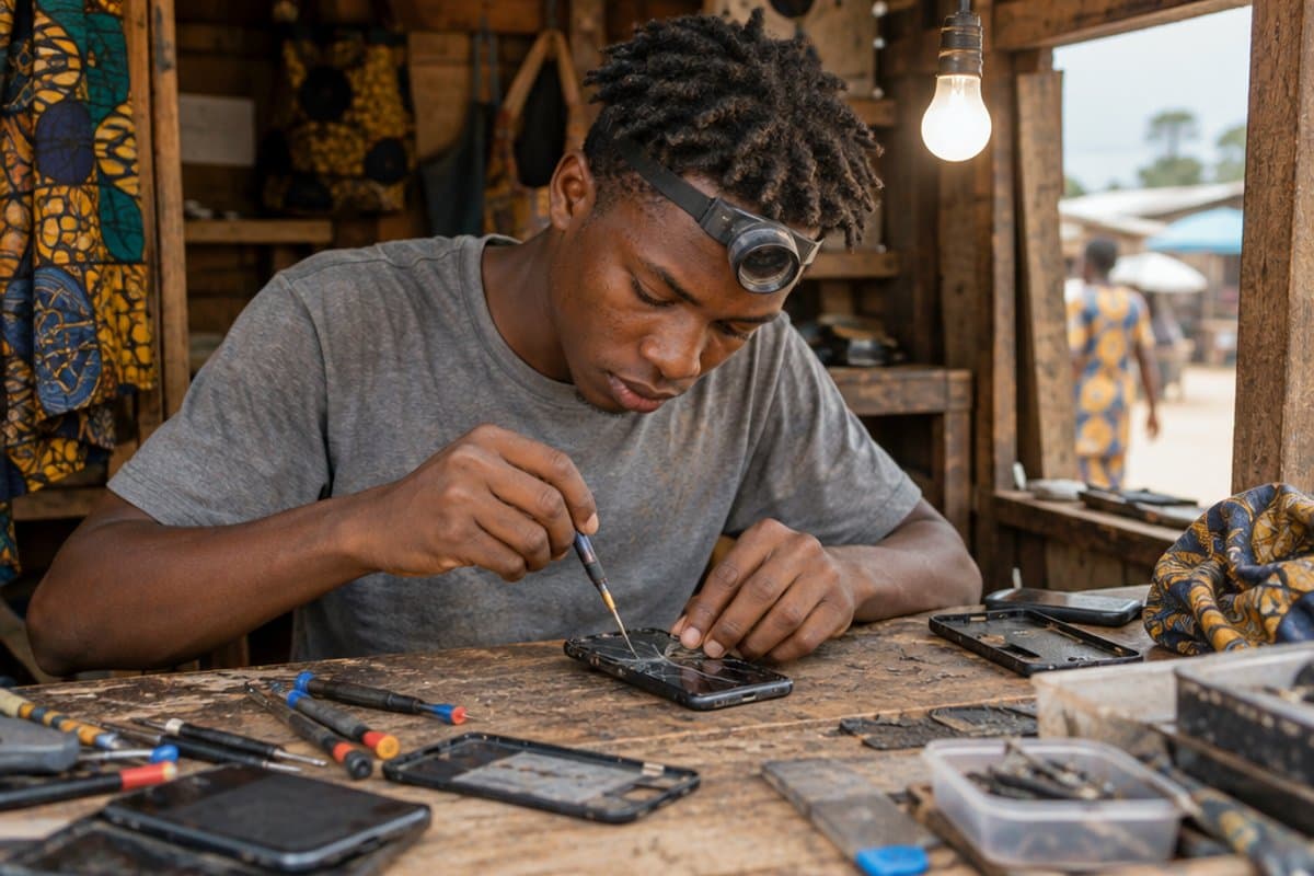 Fixing phones at his repair kiosk