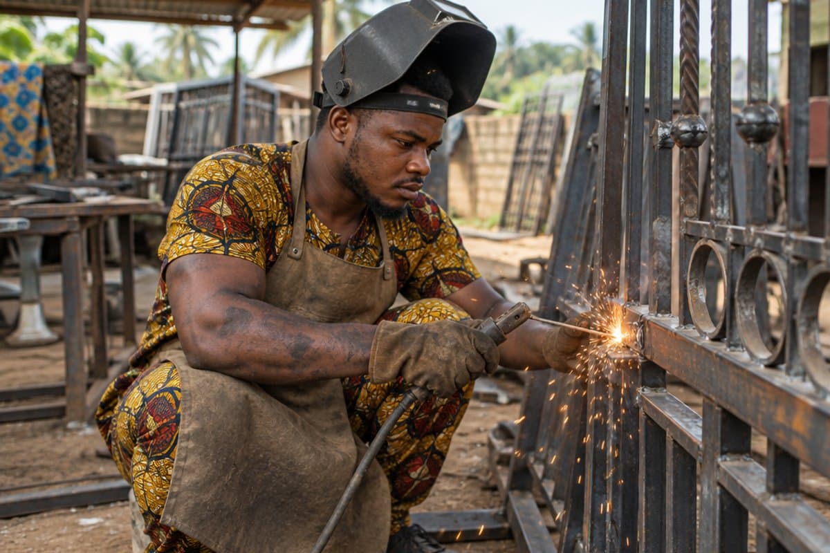 Welding gates in his own workshop