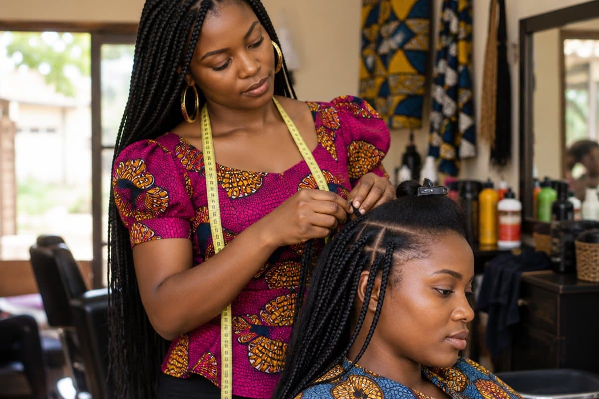 Braiding hair in her own salon