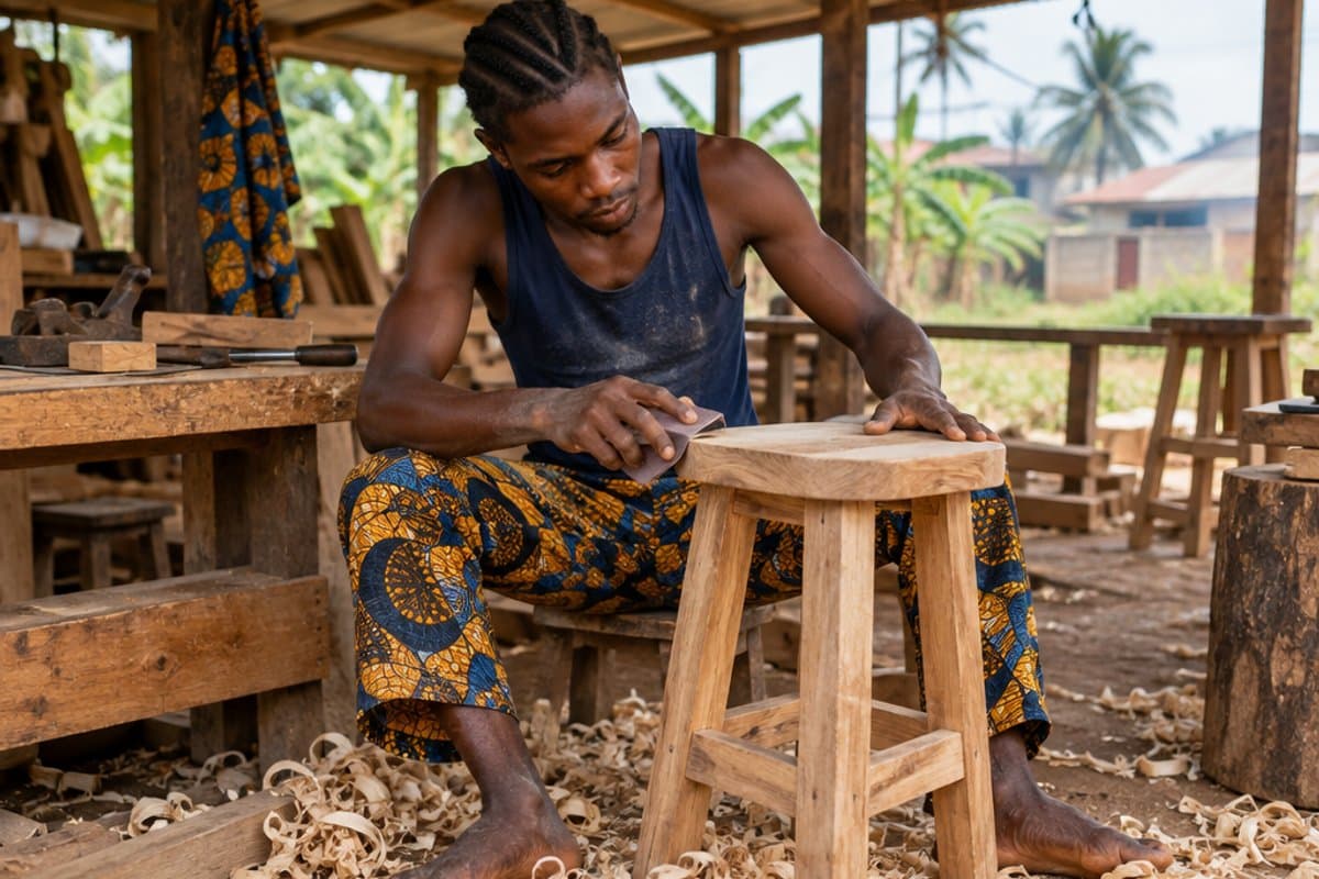 Crafting furniture at his own workbench