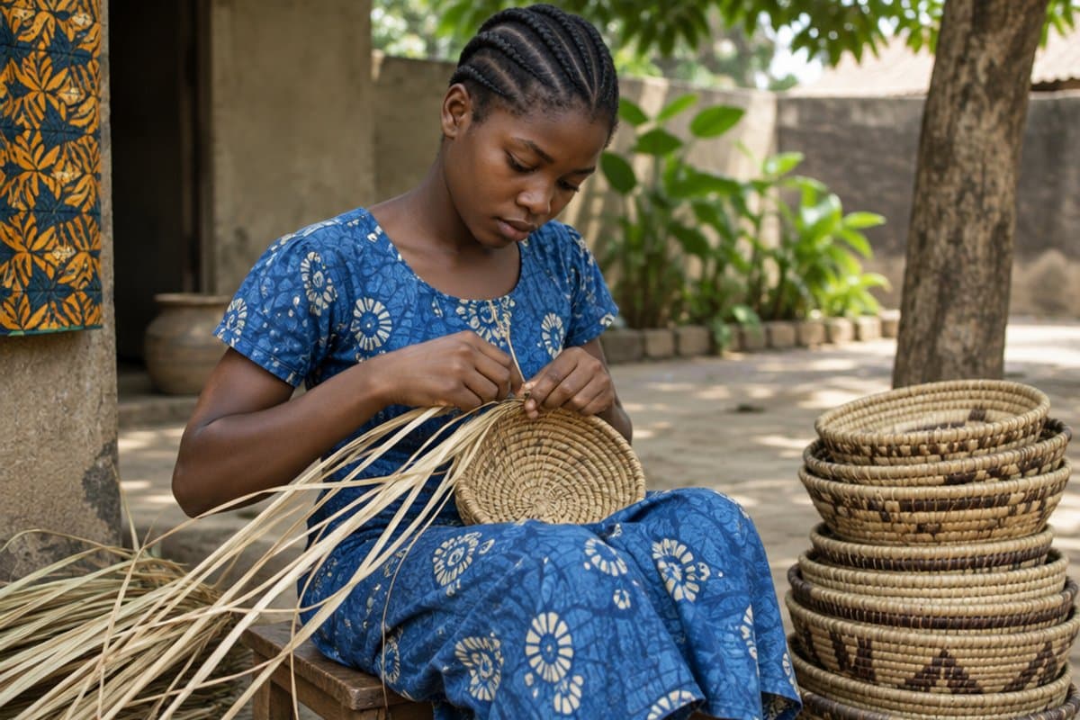 Weaving baskets to help support her family