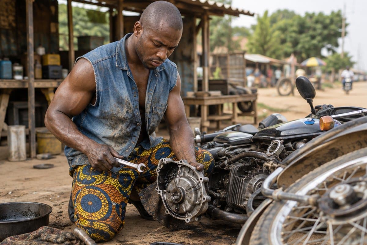 Repairing motorcycles at his roadside stand