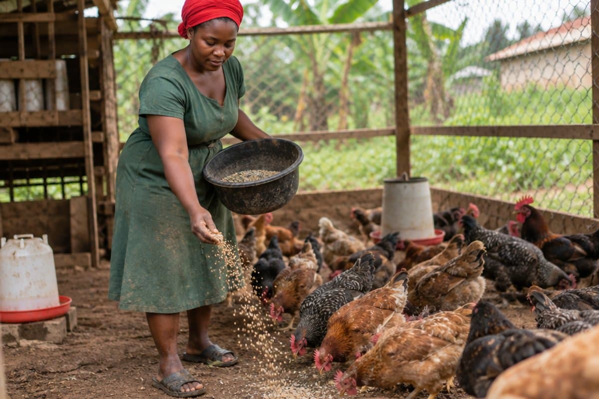 Feeding the flock on her poultry farm