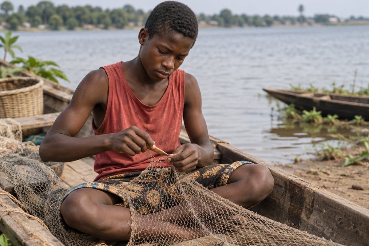 Mending fishing nets before the next catch