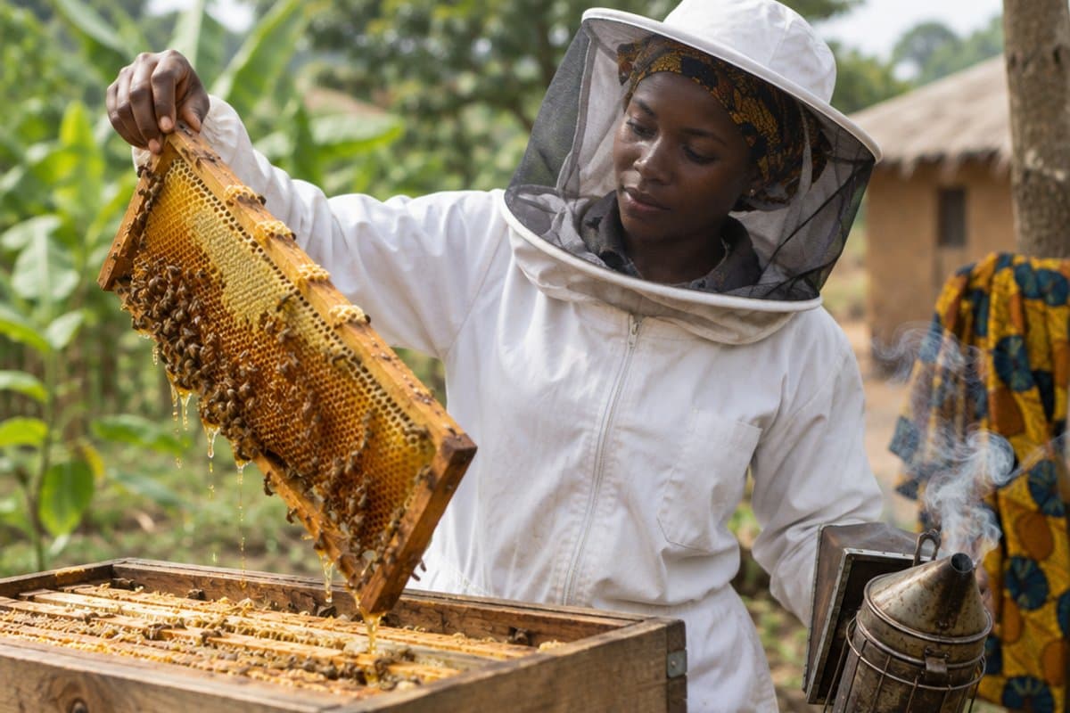 Harvesting honey from her beehives