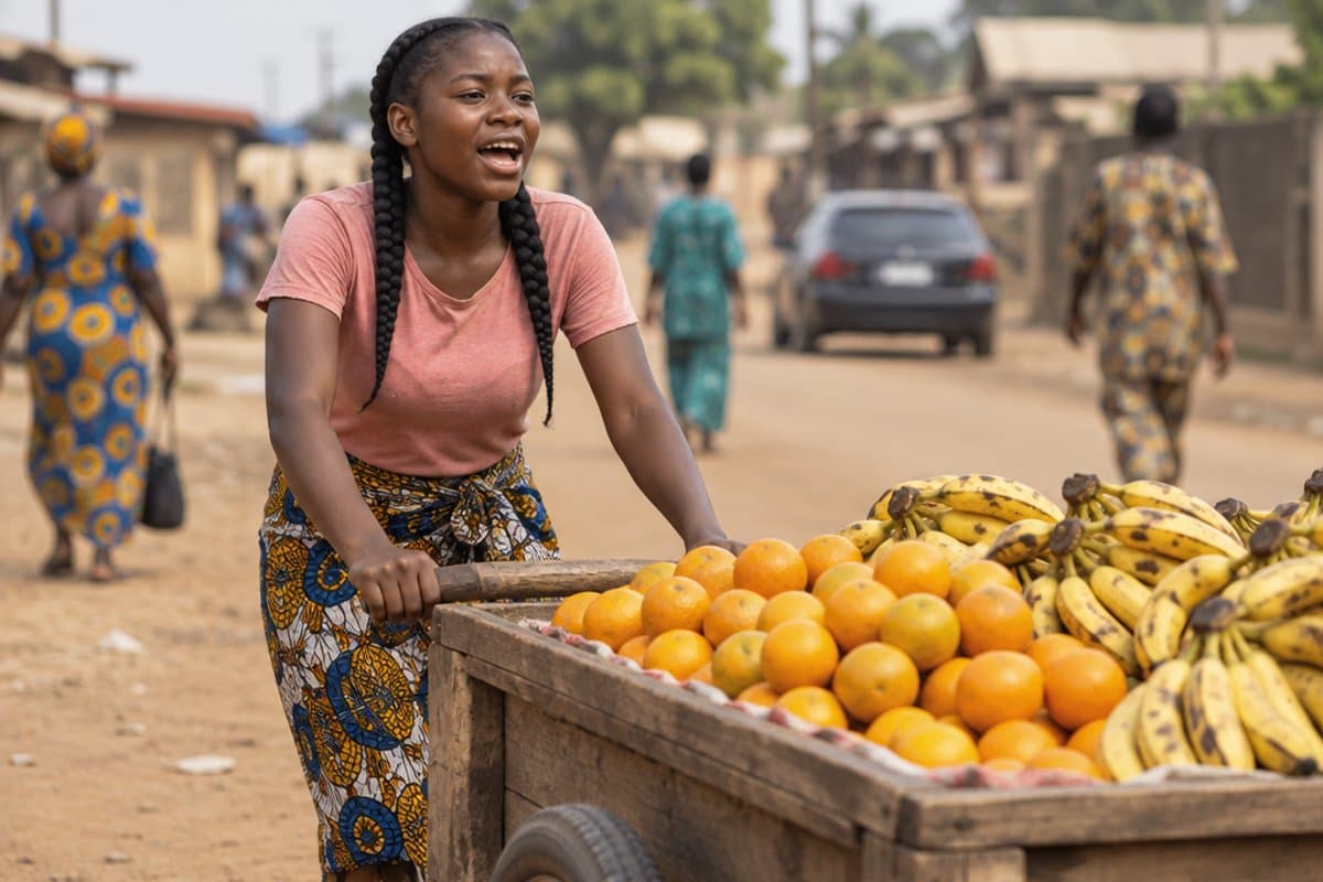 Selling fruit from her own handcart