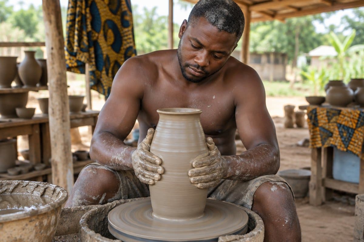 Shaping clay pots on his pottery wheel