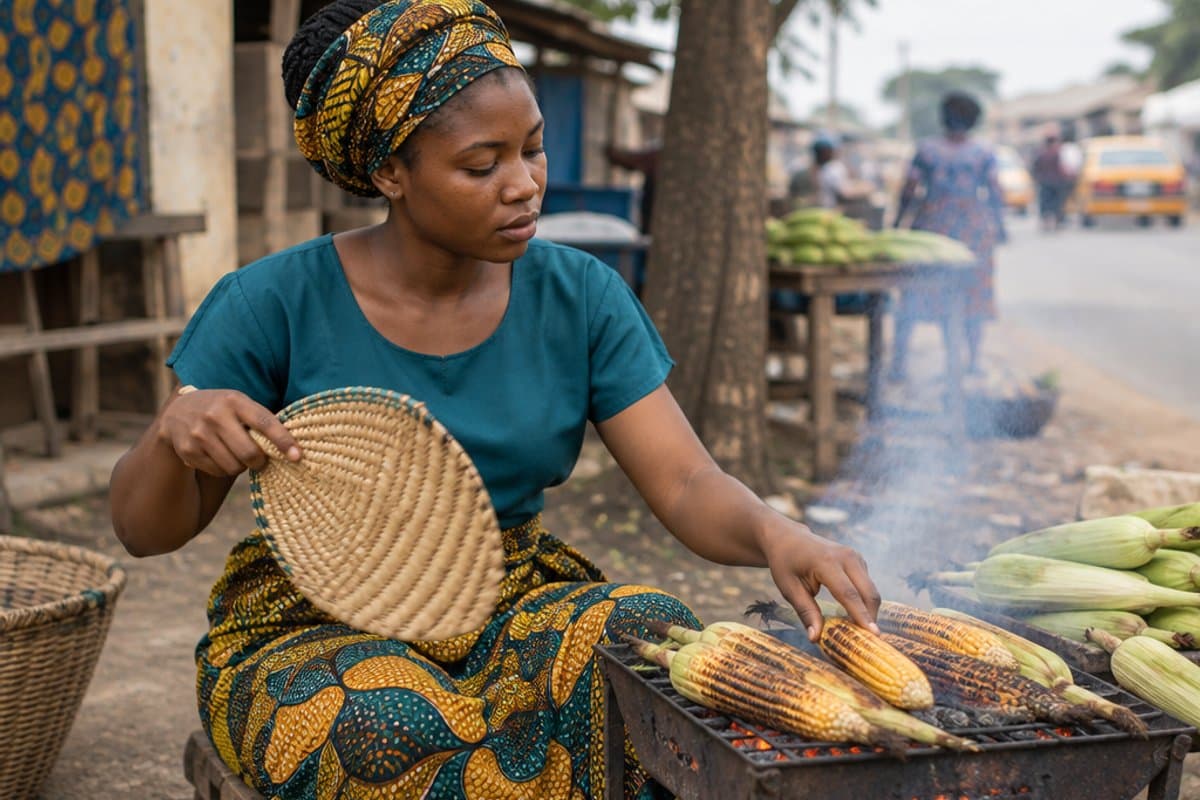 Grilling corn at her roadside food stand